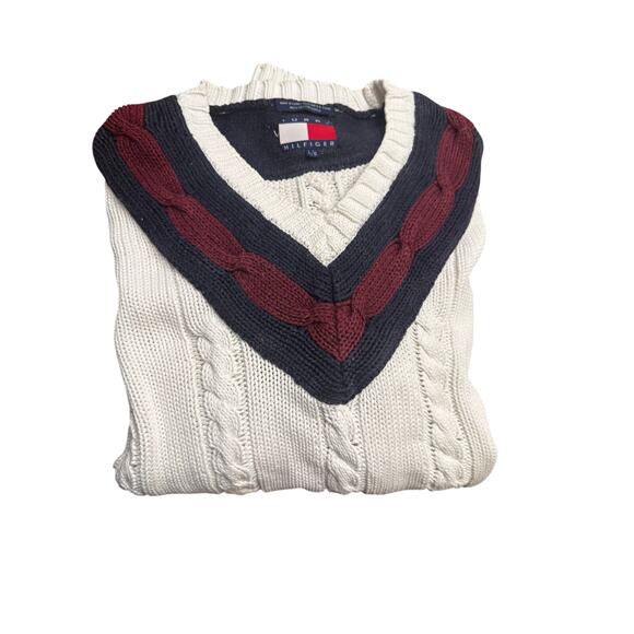 Vintage 90s Tommy Hilfiger Varsity Academia Cable Knit Sweater 100% Cotton Large - Picture 4 of 6